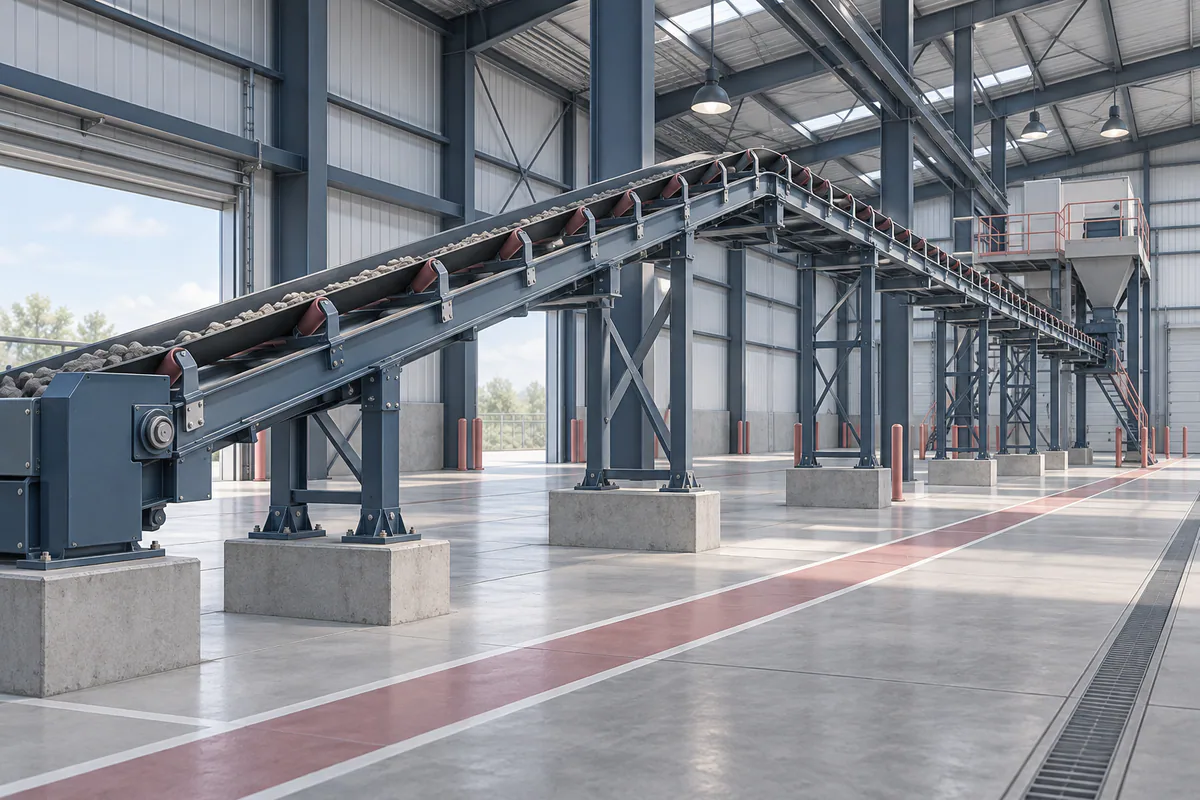 An idle conveyor line within a steel facility, exposing independent supports, foundation zones, and maintenance clearances.