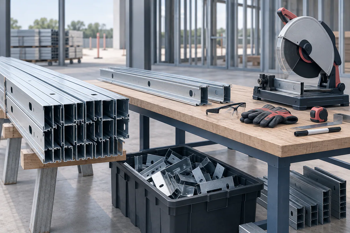 Supported CFS stock at an idle cutting preparation station, showing clean finished edges and organized offcuts.