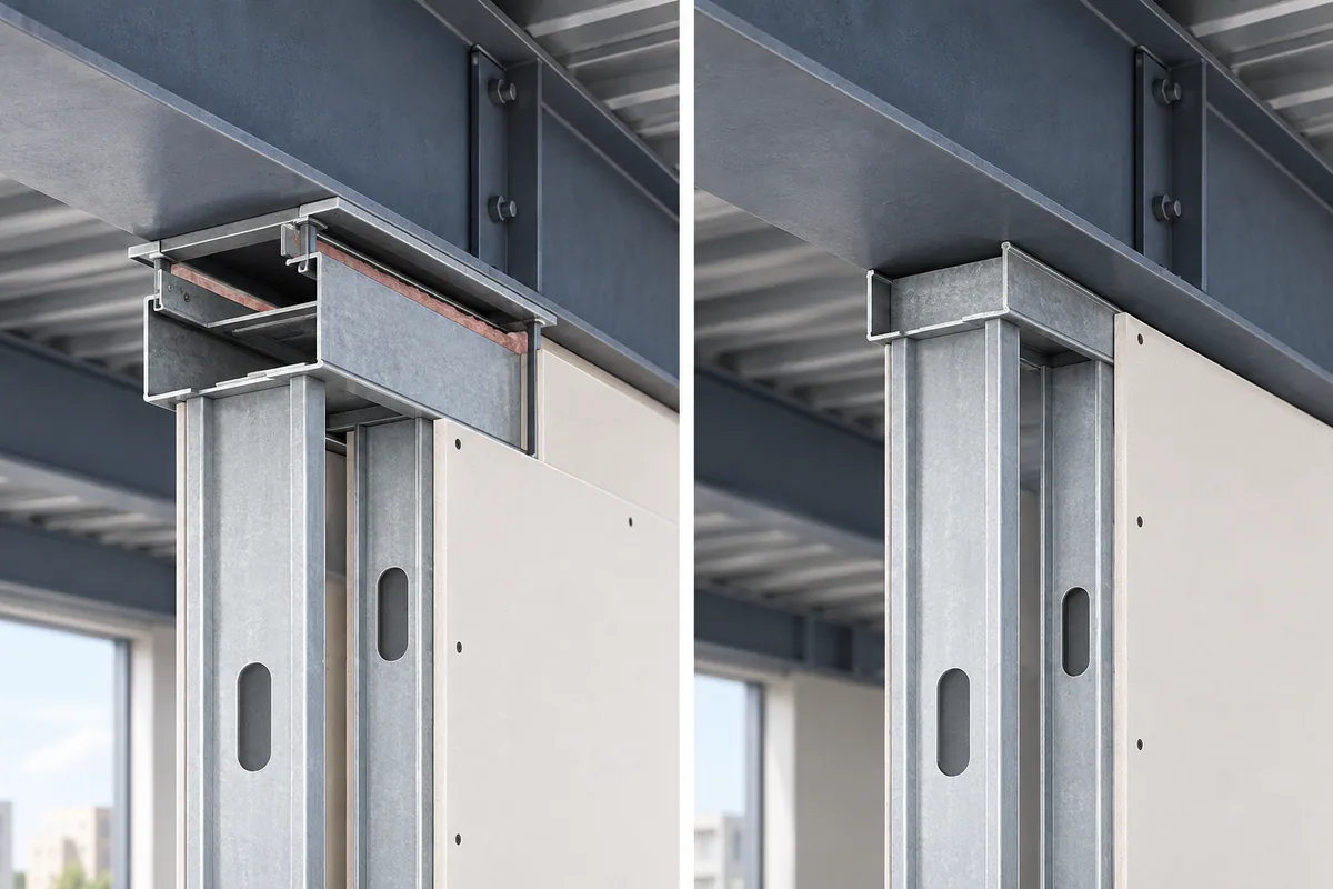 Detail of a wall head below a structure showing a movement-track interface beside an ordinary track sample.