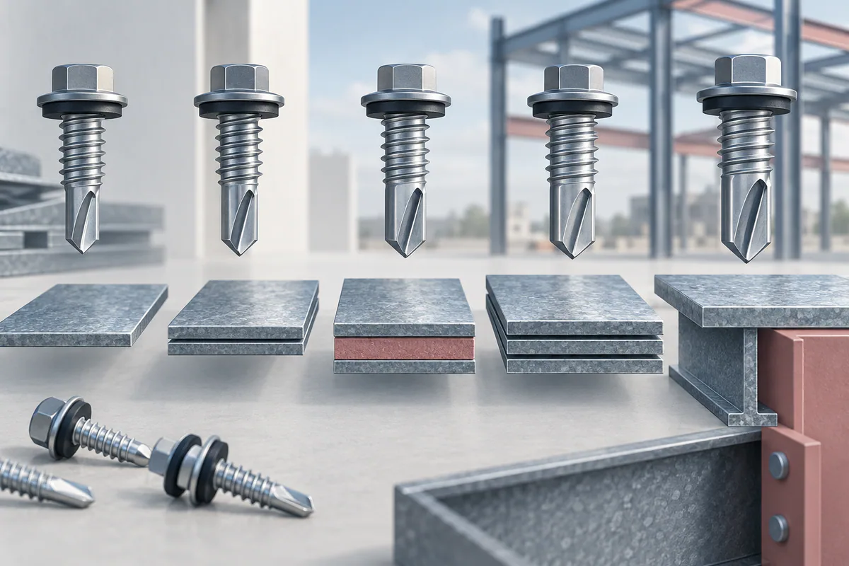 A sequence of distinct drill-point geometries next to layered steel coupons representing different connection conditions.