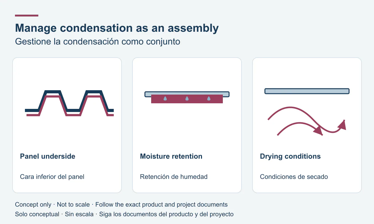 Manage condensation as an assembly: panel underside, moisture retention, drying conditions.