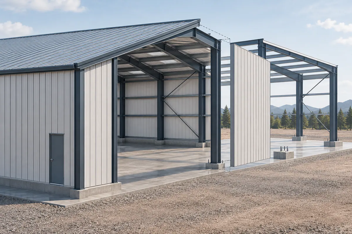 A steel building endwall with a conceptual future-extension bay shown separately behind the removable enclosure.