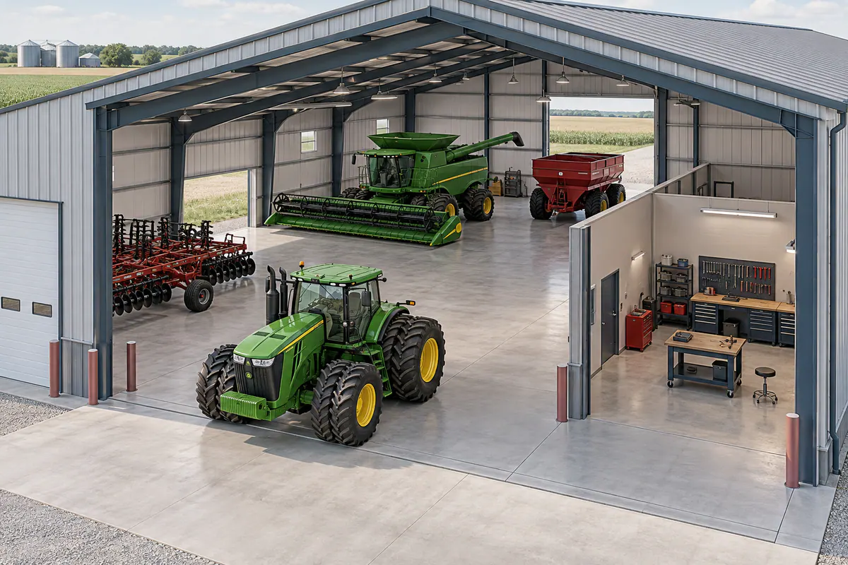 Agricultural machinery inside a steel building, showing turning room, door access, and separate maintenance space.