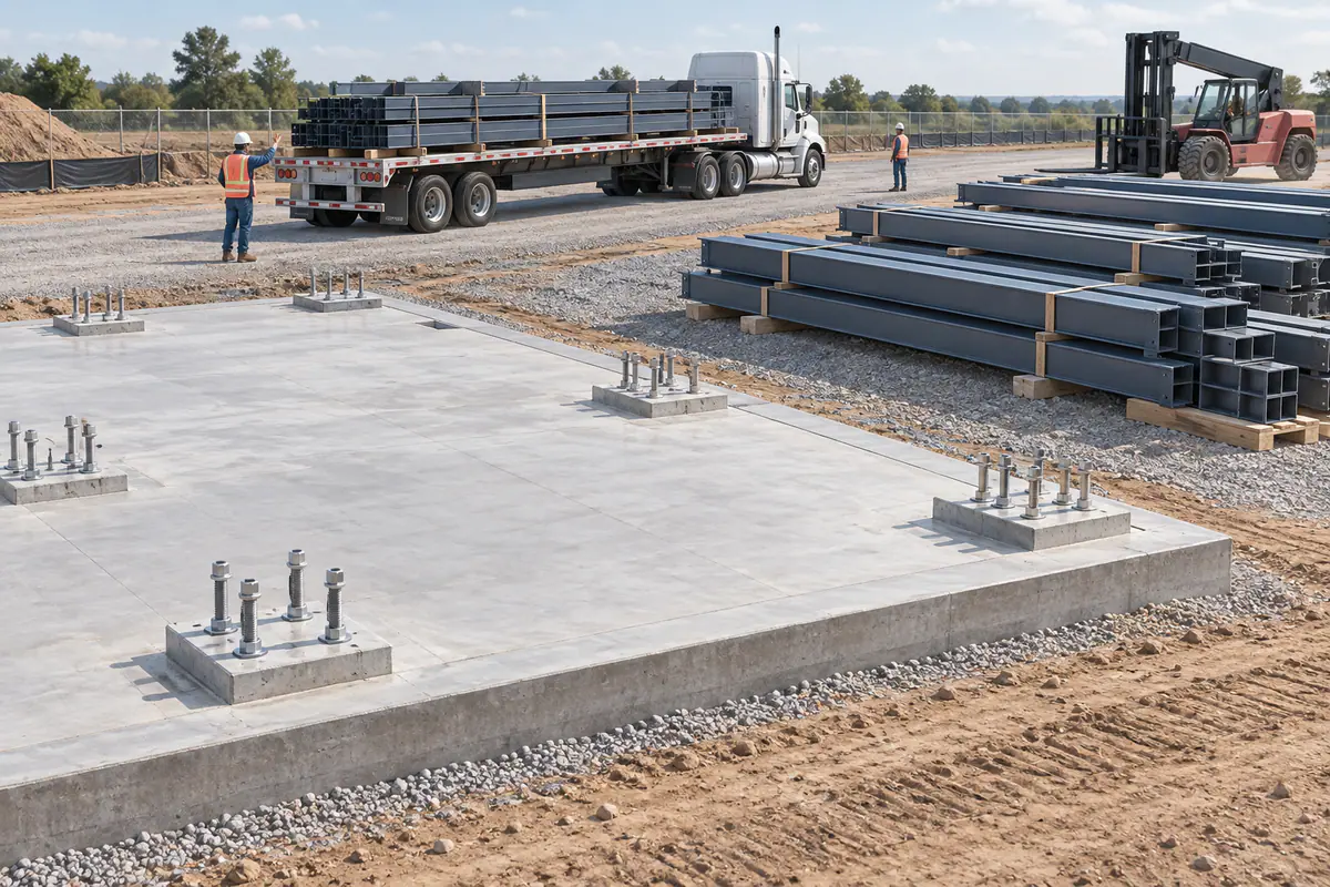 A prepared concrete foundation with anchor groups, clear delivery access, and a protected steel unloading area.