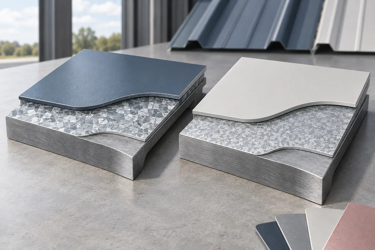 Galvanized and aluminum-zinc metallic coating samples shown as layered steel coupons with understated surface differences.