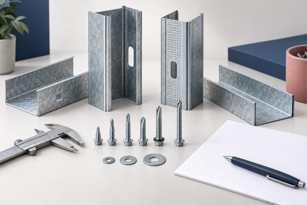 Muestras de perfiles de acero, distintos tornillos autoperforantes, arandelas, un calibrador y documentación en blanco dispuestos para comparar.