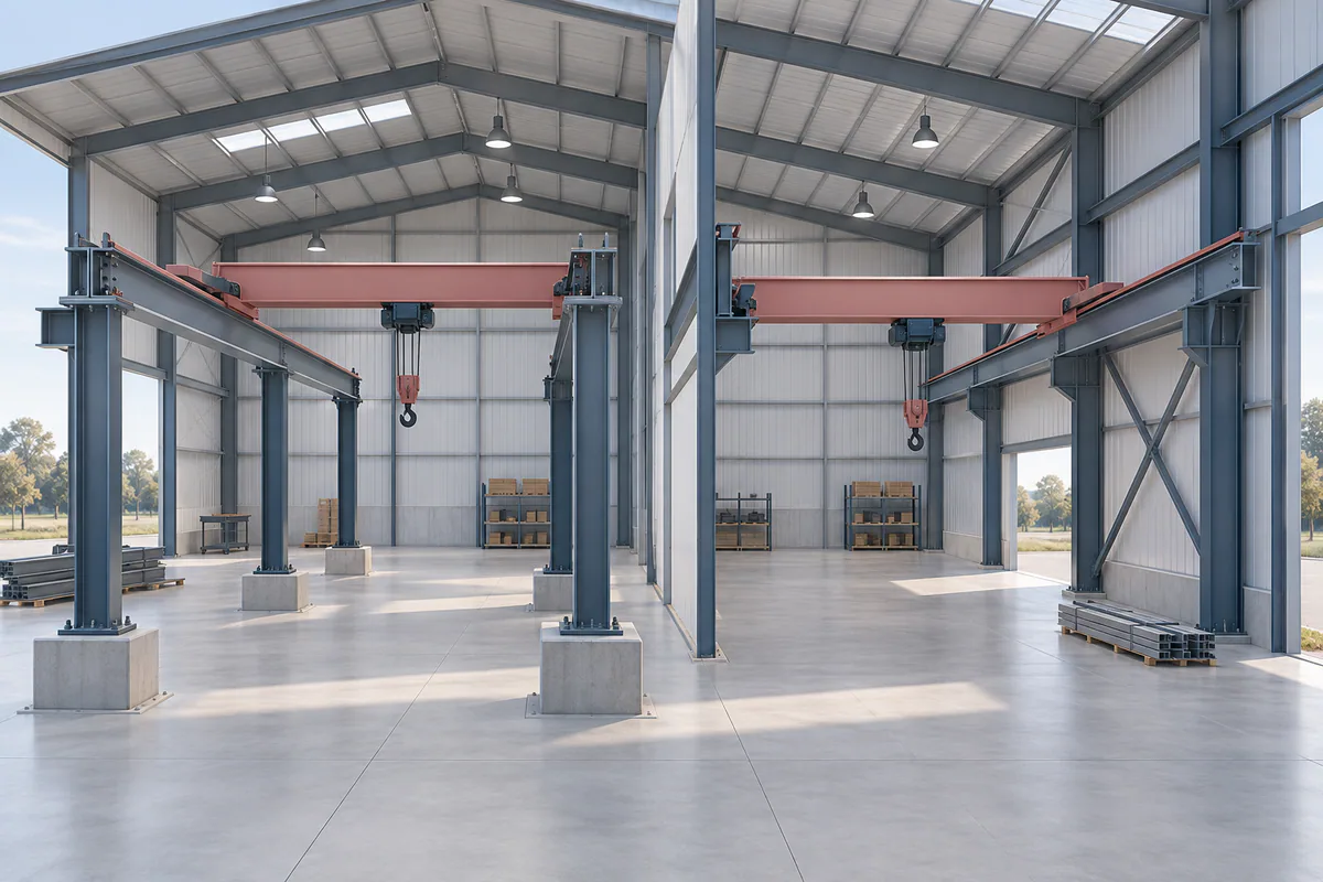 Separate crane-support columns beside a contrasting building-supported runway, shown as two conceptual bay models.