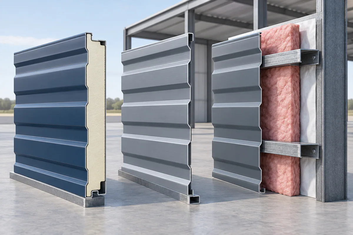 An insulated metal panel cross section next to a single-skin panel and separately installed insulation layers.