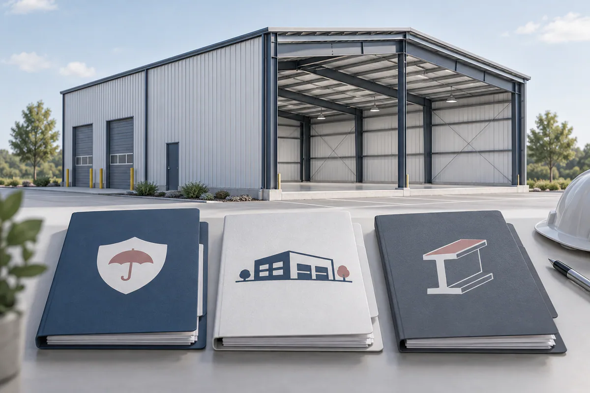 Three distinct blank report folders beside the same existing steel building model, representing different assessment scopes.