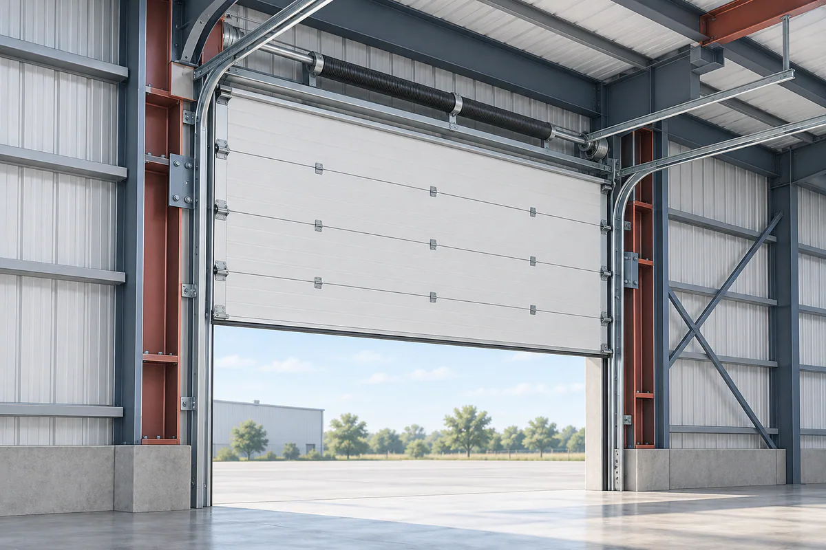 A large overhead door with operating track envelope, jambs, and surrounding primary frame shown in cutaway.