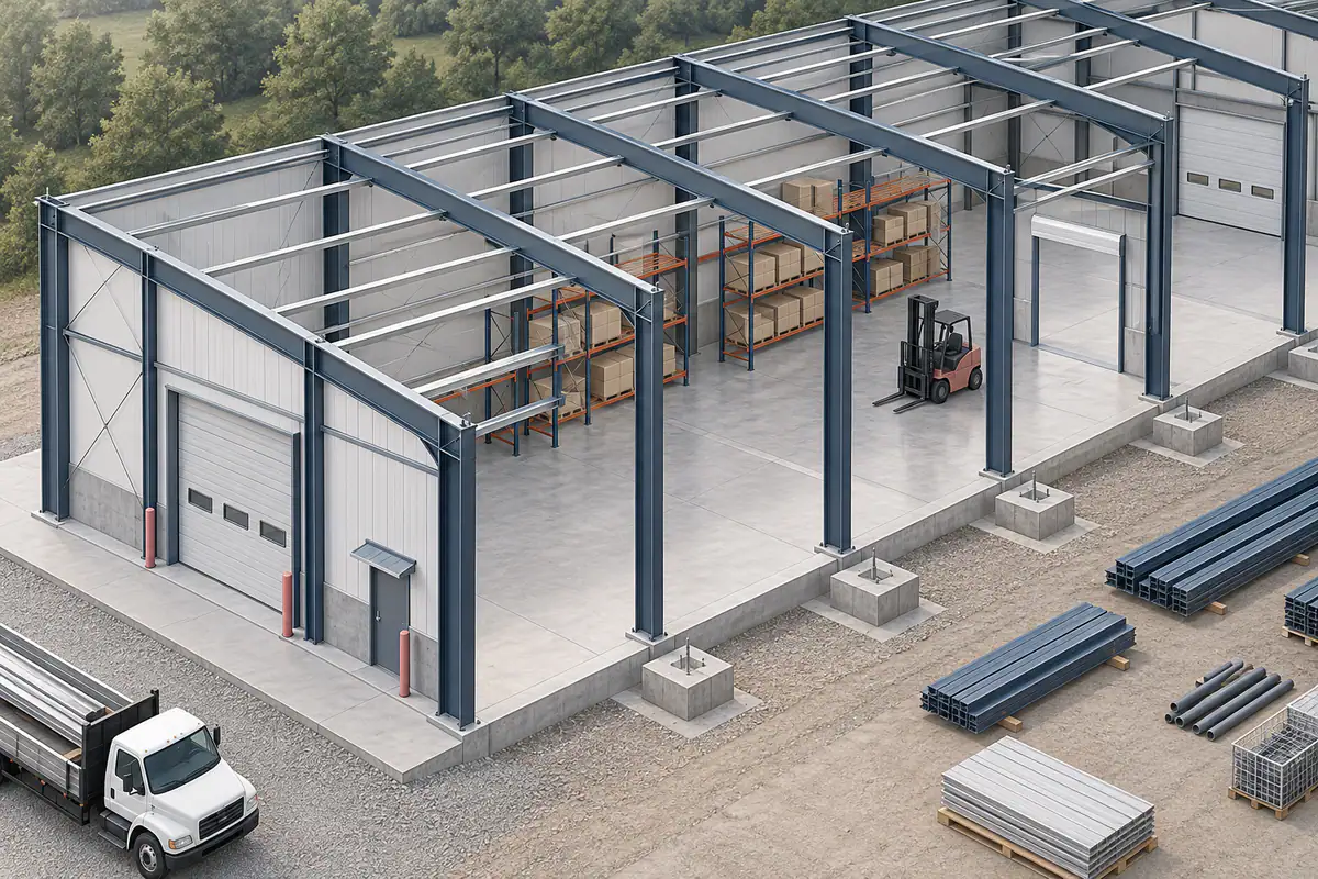 Repeated building frames aligned with door openings, warehouse rack aisles, and foundation positions in an isometric model.