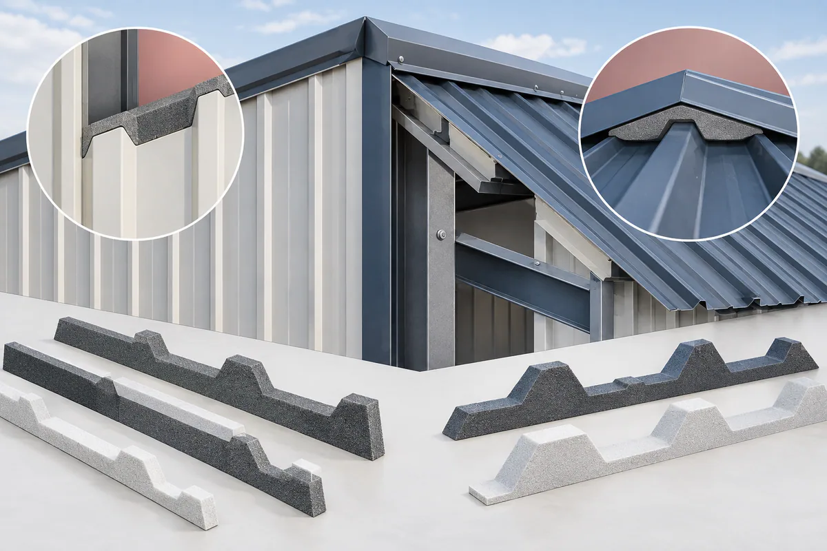 Inside and outside profiled closure-strip samples carefully fitted to corresponding metal panel rib shapes.