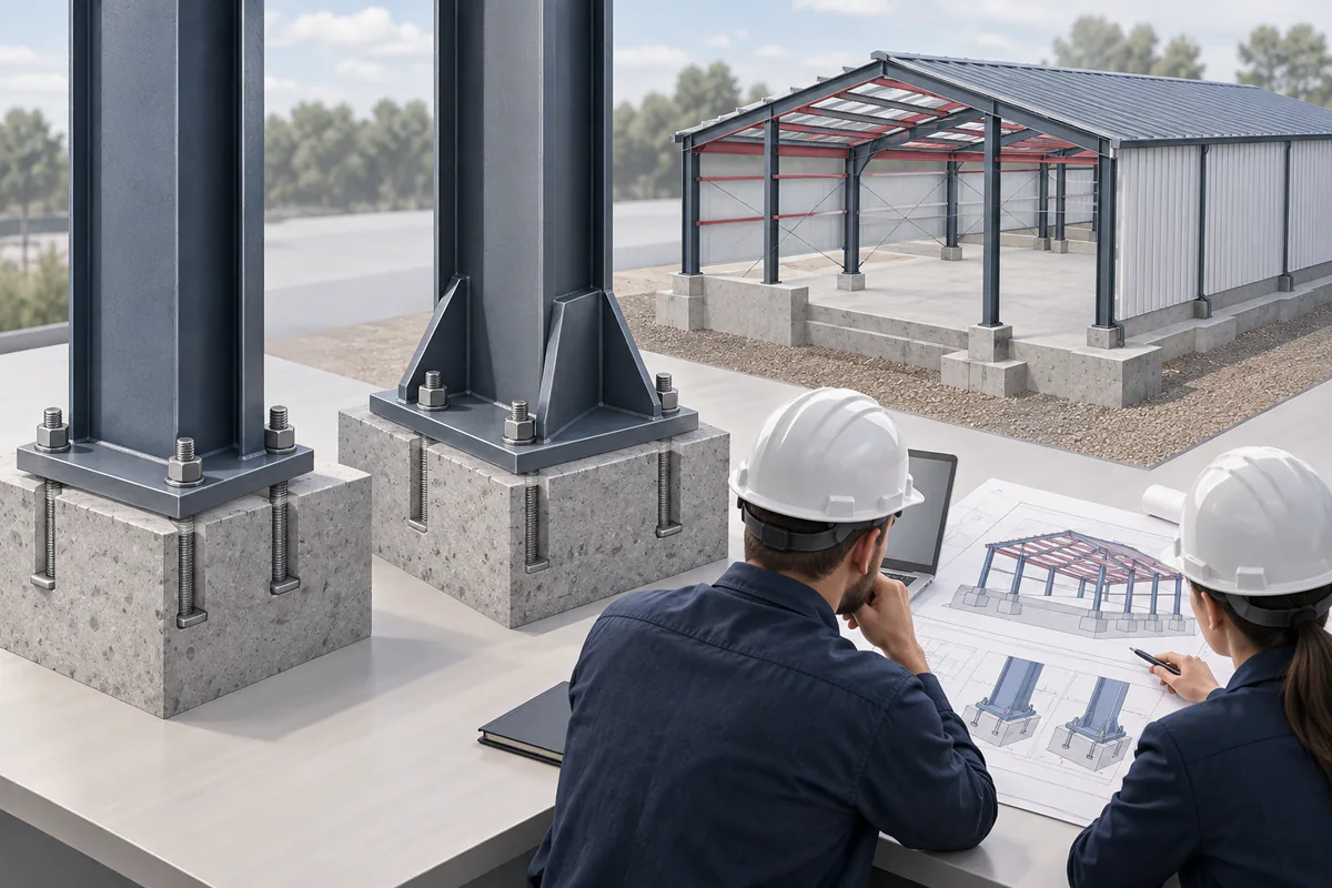 Two conceptual column-base support arrangements beside a coordinated building-and-foundation review model.