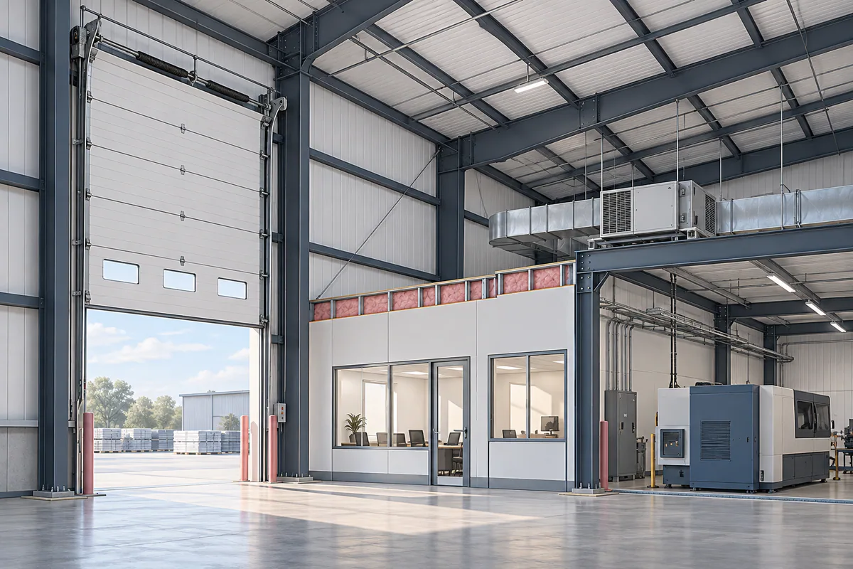 A steel building interior with a tall door, brittle partition, equipment, and other movement-sensitive interfaces visible.