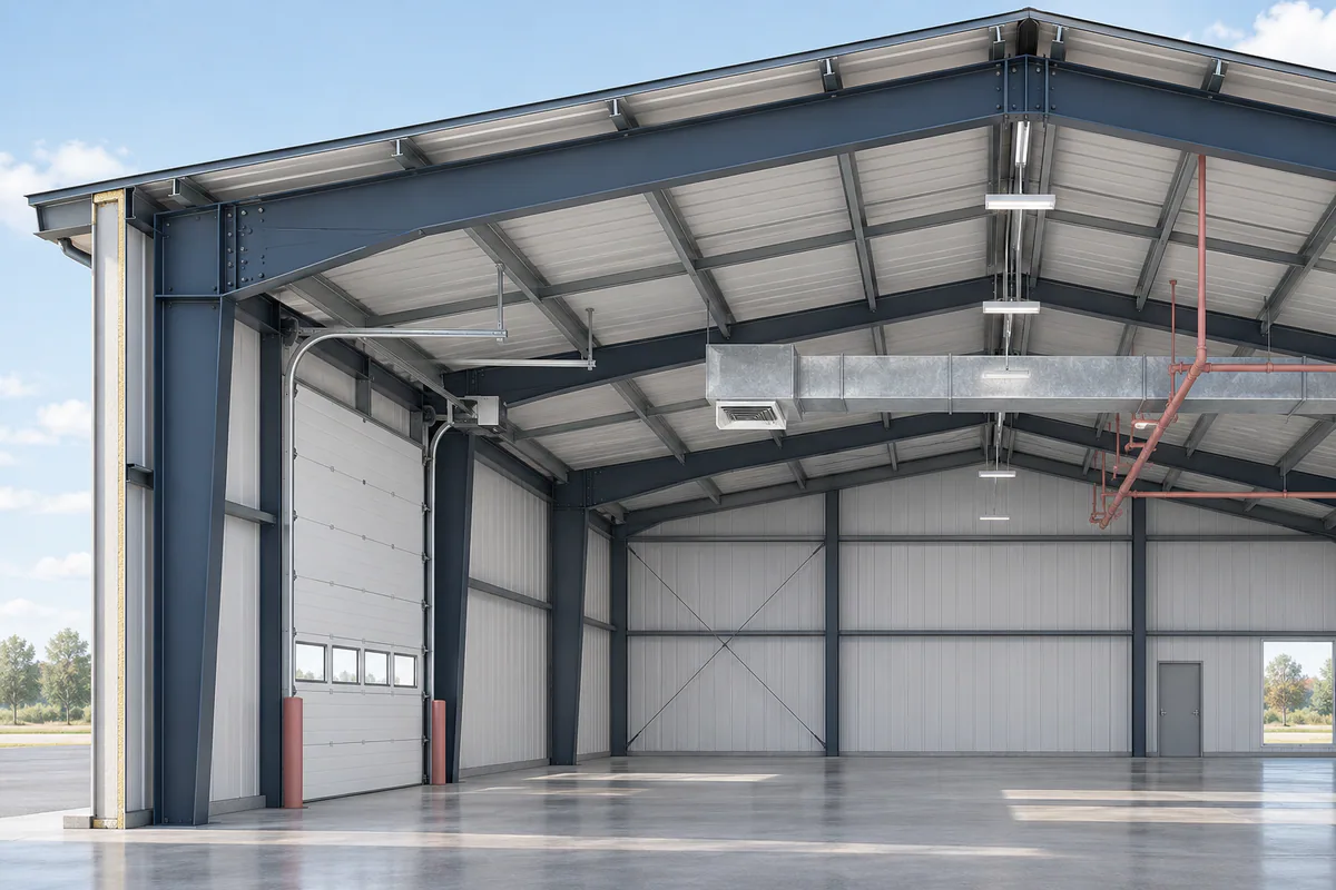 Interior steel building cutaway revealing eave line, haunch depth, door height, and actual clear space below services.
