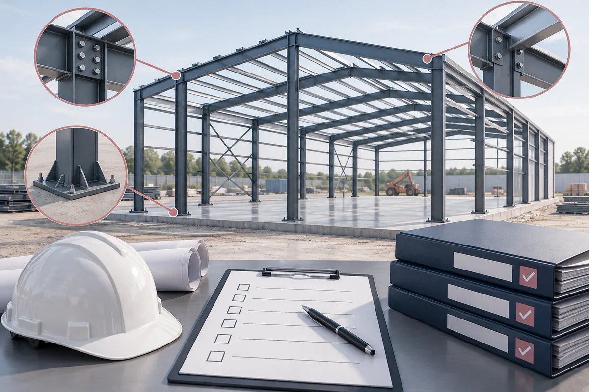 A completed steel frame with exposed connection review points beside a blank handover checklist and closed-item folders.