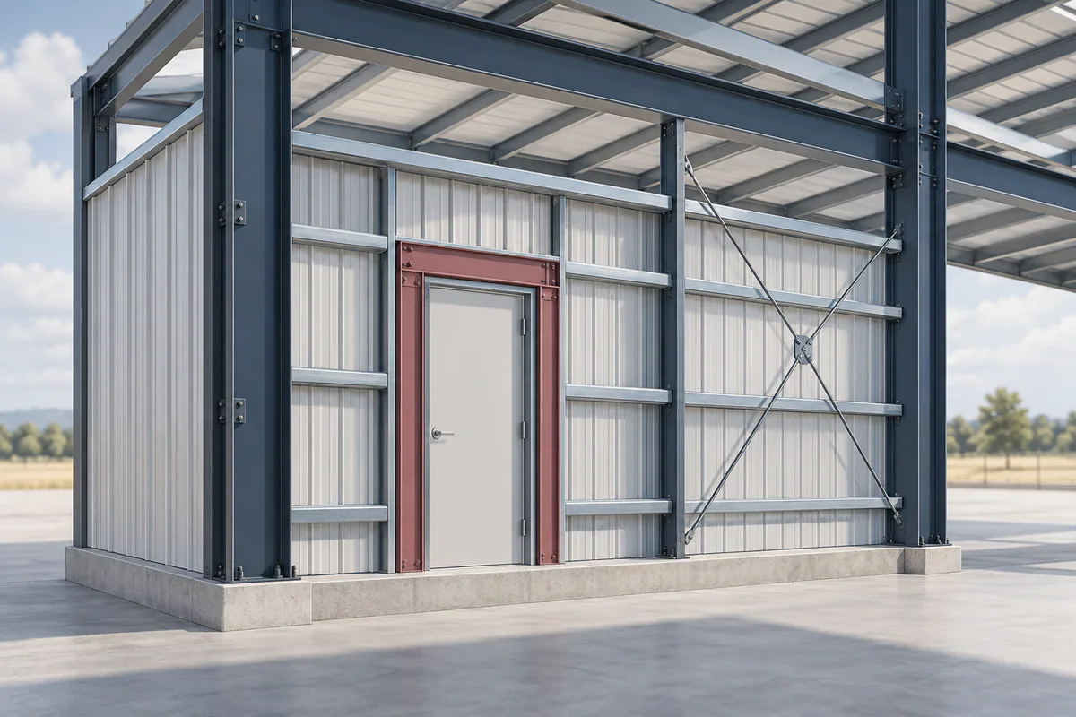 A framed door opening set within a larger primary frame bay, making the two geometries distinctly legible.
