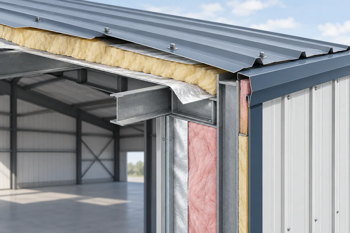 Cutaway metal-building roof and wall corner displaying insulation, facing, and adjacent steel support layers.