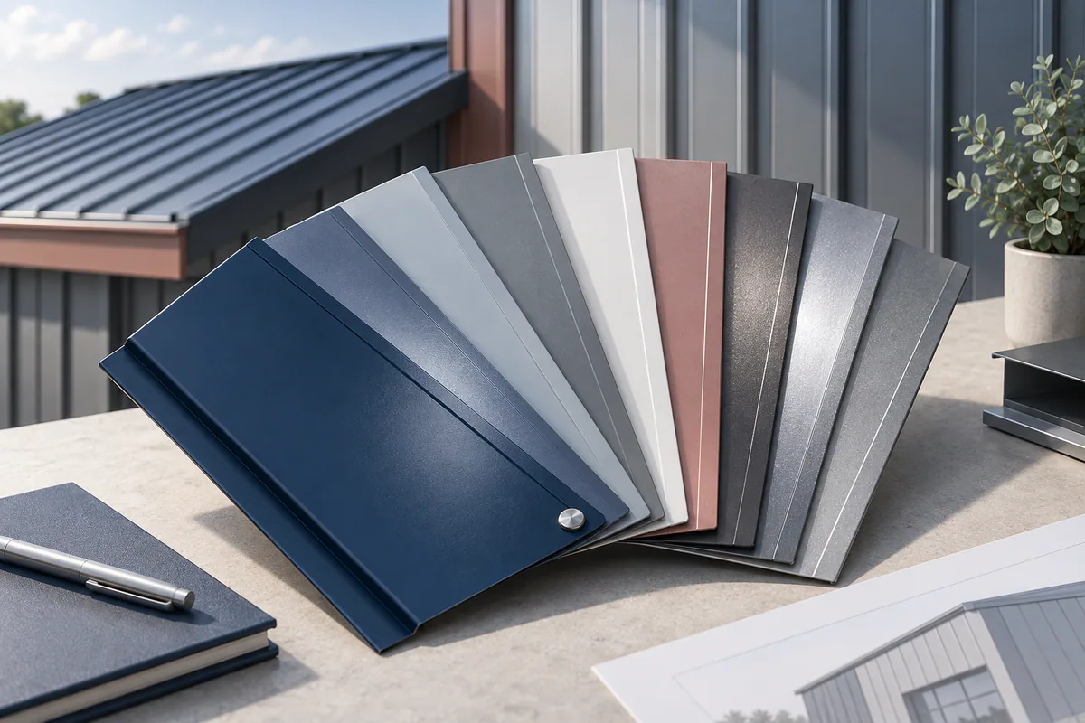A carefully lit fan of coated metal panel finish samples with subtle different gloss and color appearances.