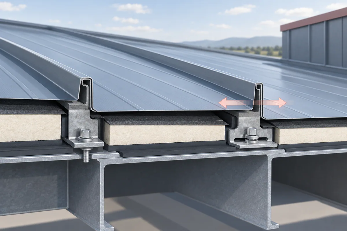 An extended metal-panel assembly with a fixed attachment and a separate sliding clip interface visible in cutaway.