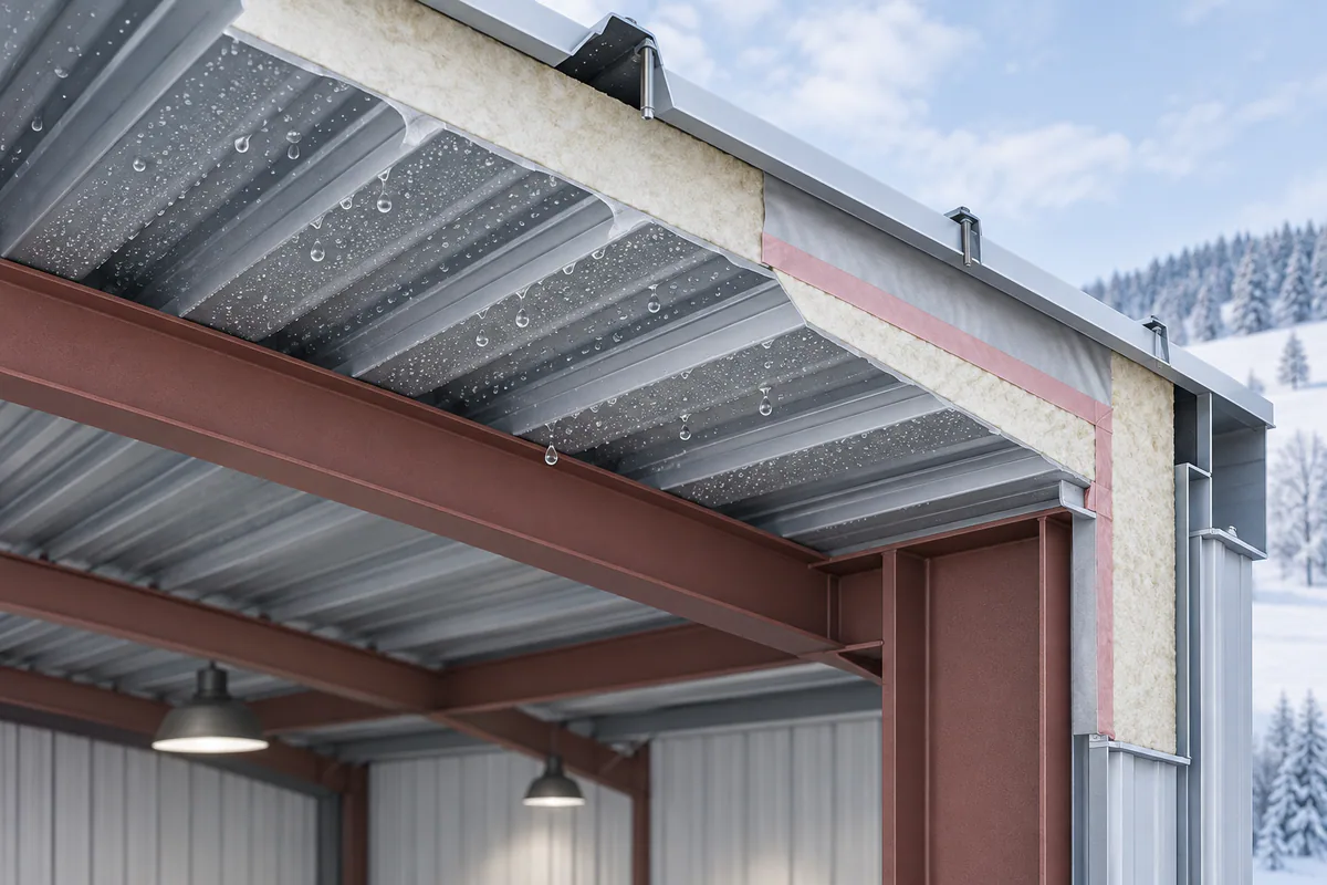 Cold metal roof underside with subtle condensation droplets and an adjacent continuous insulation/air-control assembly.