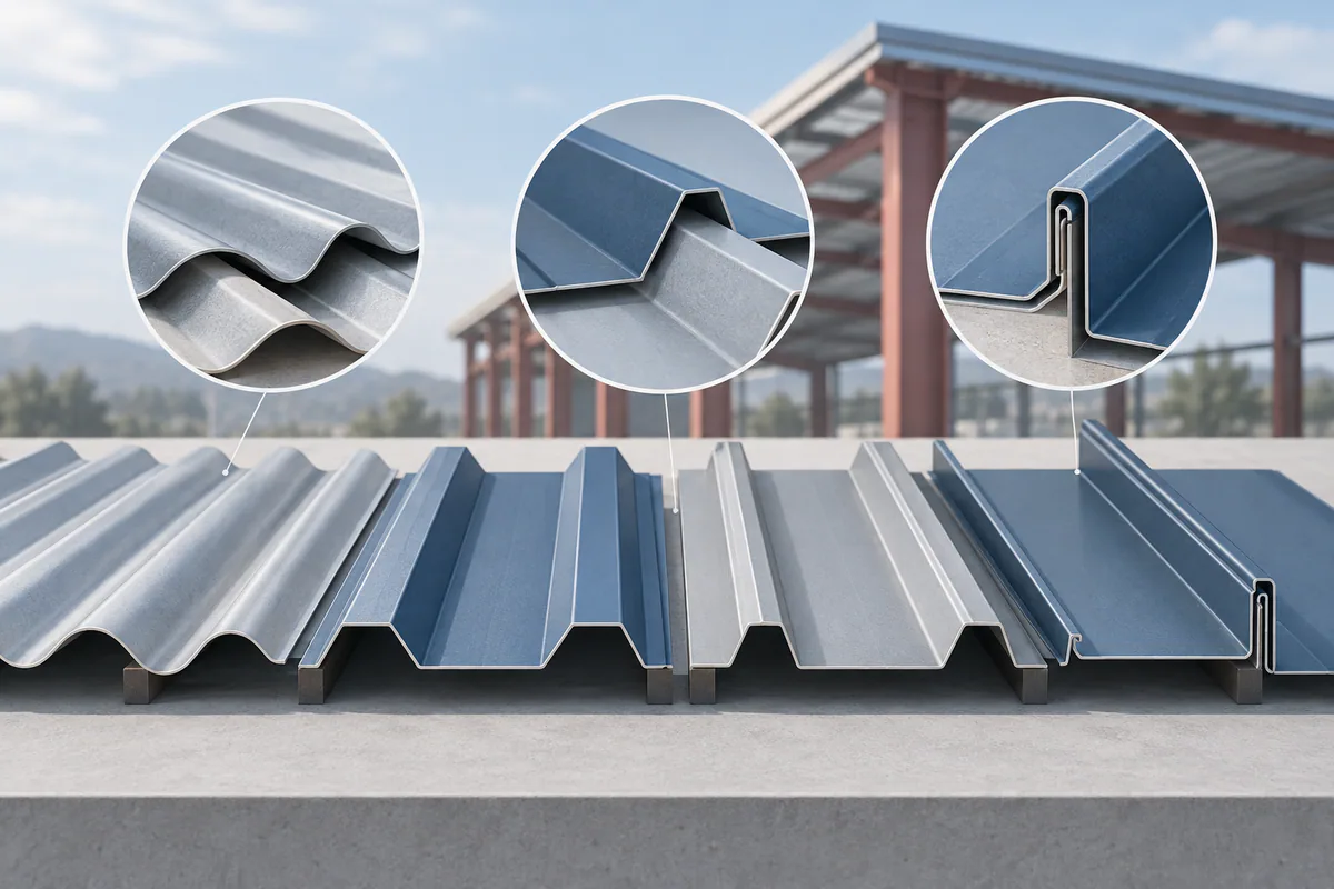 Several metal roof panel profile cross sections arranged to reveal ribs, seams, and overlapping coverage geometry.
