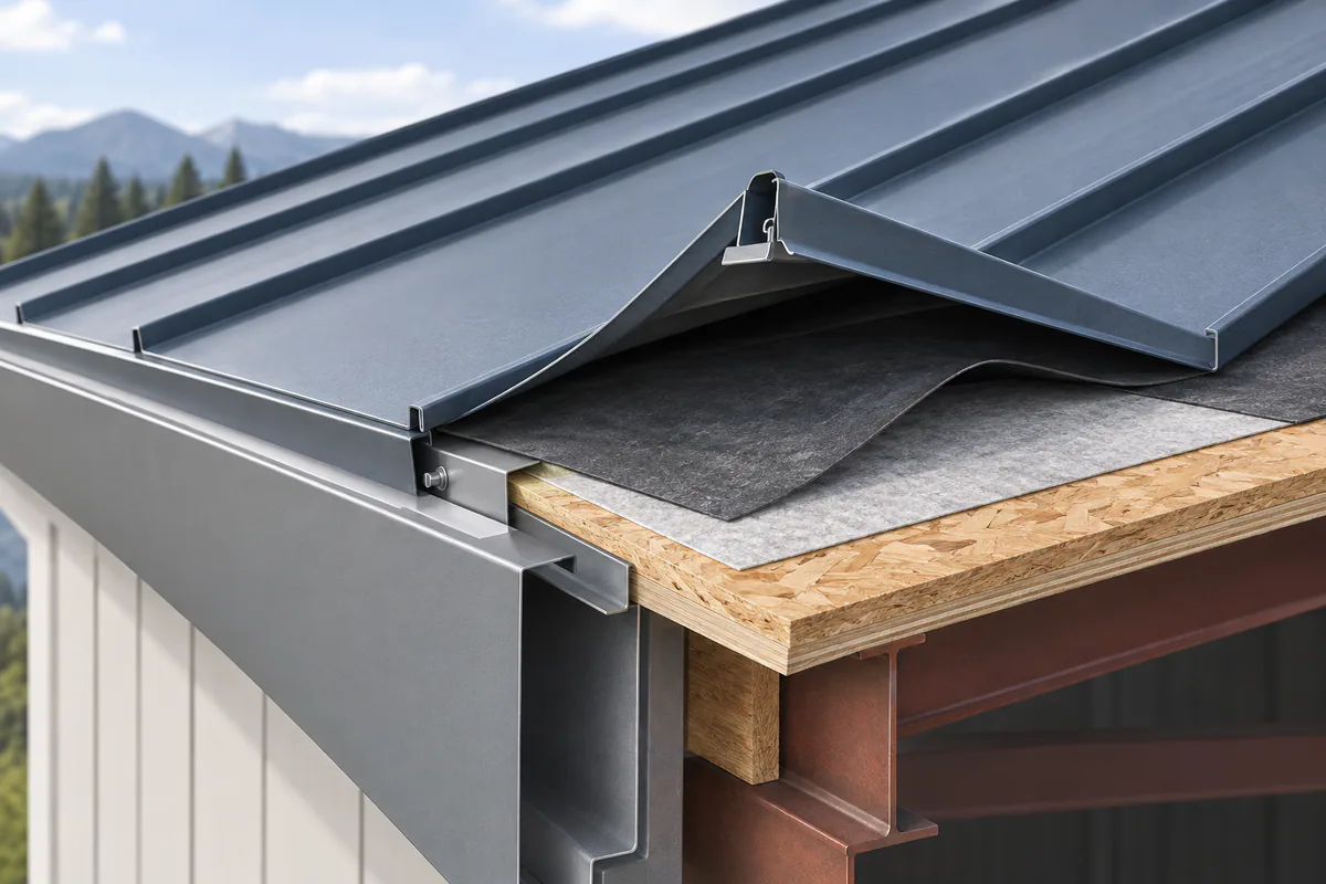 A roof assembly edge with lifted metal panel revealing underlayment and its substrate as distinct layers.