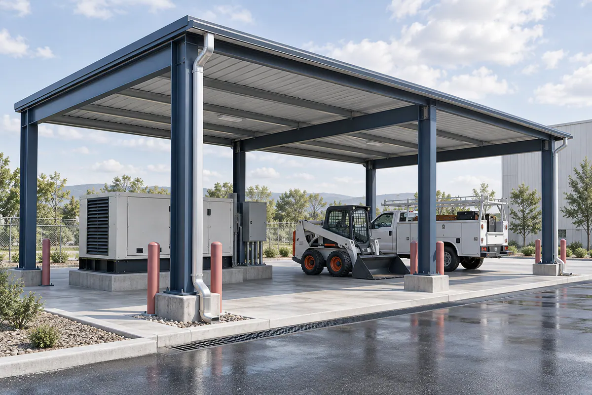 An open equipment canopy with columns, roof drainage, foundations, and actual equipment clearance shown together.