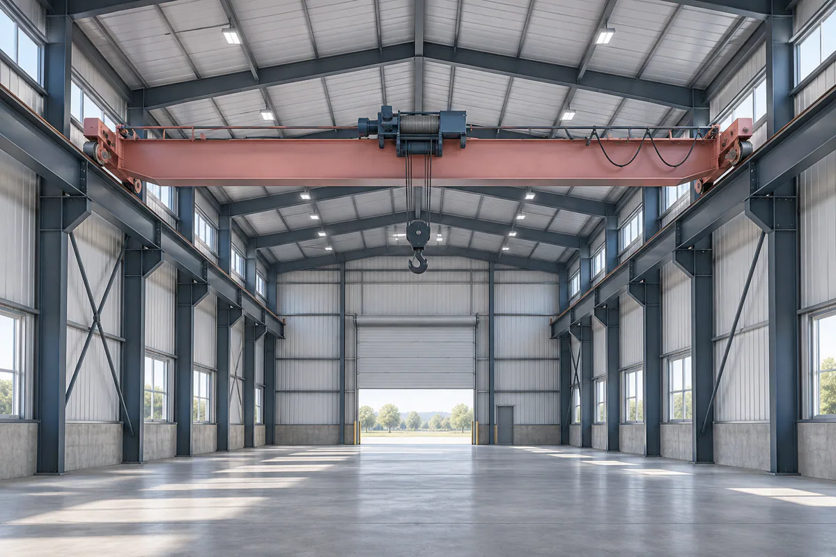 An overhead bridge crane within a metal building, showing runway geometry and empty operating envelope without a suspended load.