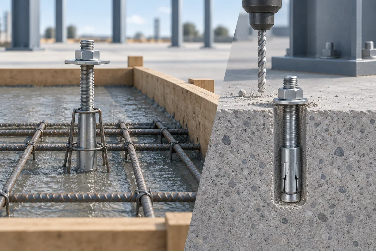 Concrete sample with a cast-in anchor and separate drilled substrate with a post-installed anchor candidate.