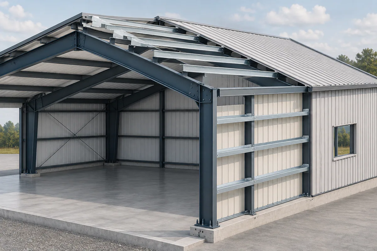 Cutaway steel building showing roof purlins above and wall girts along the side elevation.