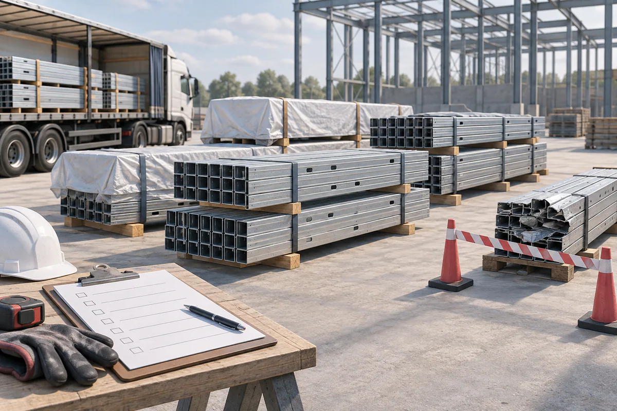 Neatly supported, protected steel framing bundles at a receiving area with a blank delivery checklist nearby.