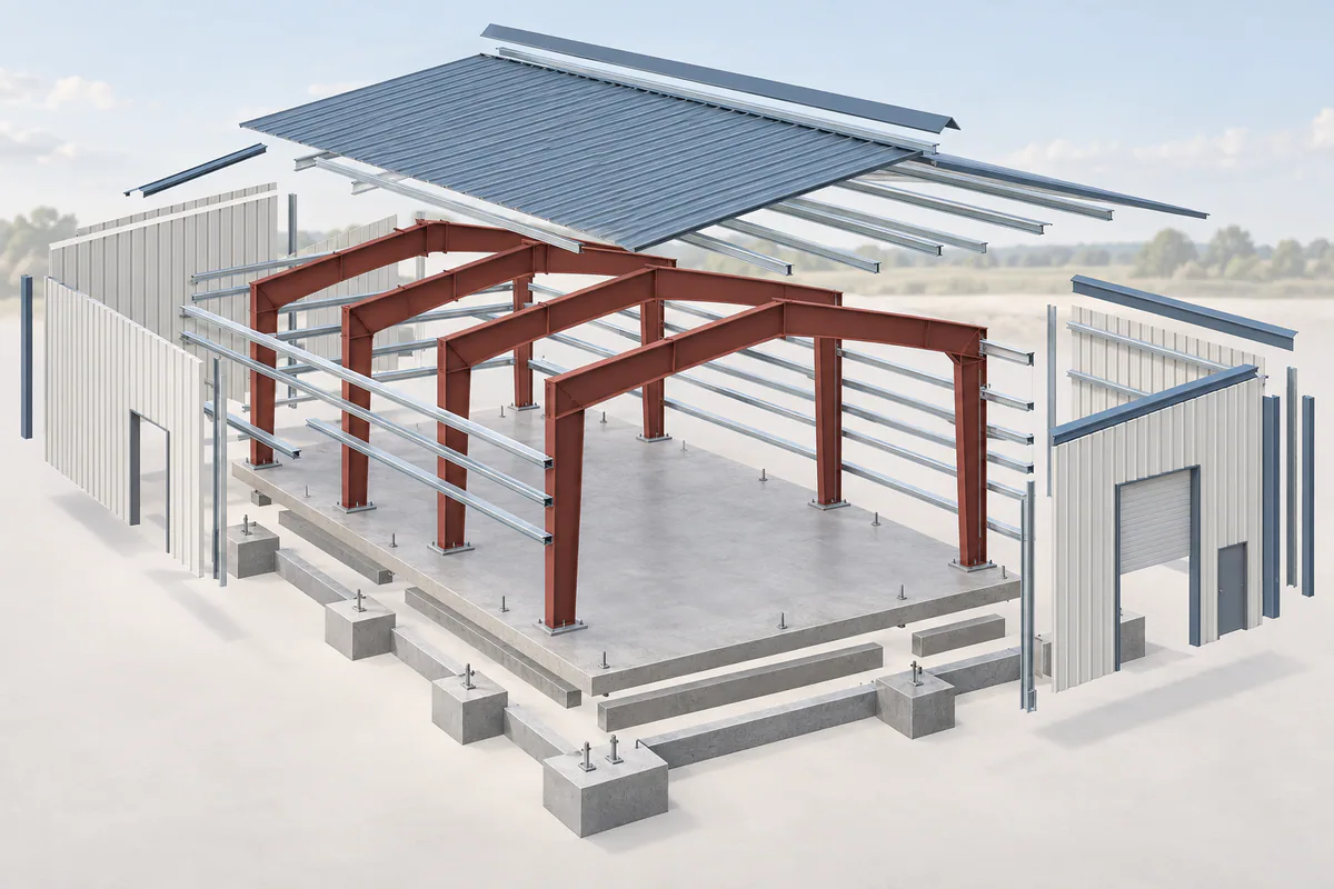 An exploded metal-building model separating primary frames, secondary framing, cladding, and separately scoped foundation work.
