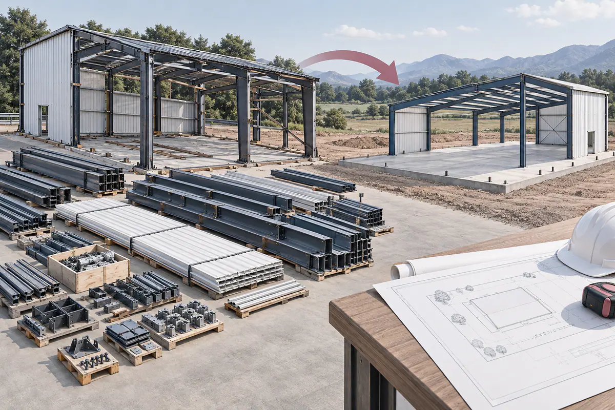 A dismantled metal-building kit beside a conceptual new-site model, emphasizing component identity and site-specific reassessment.