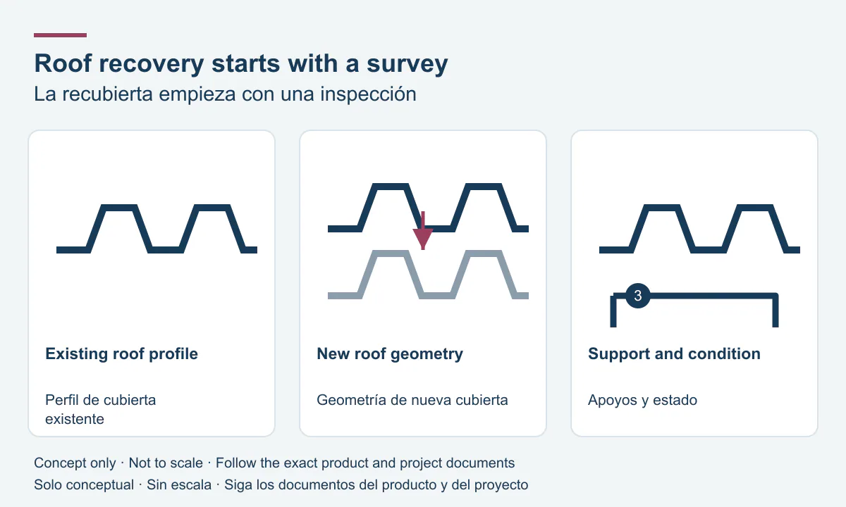 La recubierta empieza con una inspección: perfil de cubierta existente, geometría de nueva cubierta, apoyos y estado.