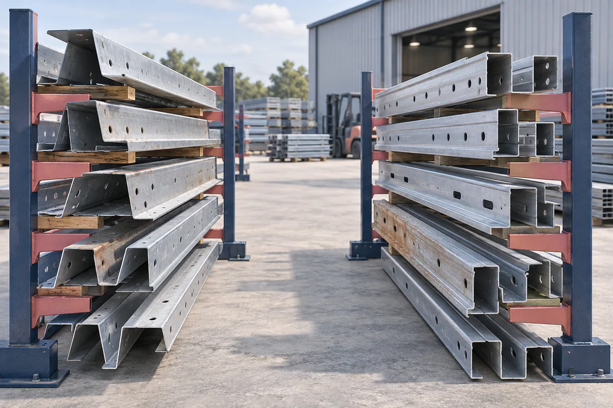Salvaged purlins and girts organized in separate condition-review racks, with hole patterns and member orientation visible.