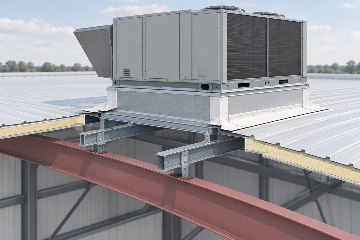 Ilustración conceptual sobre Bancadas de climatización en cubierta y estructura del edificio metálico.