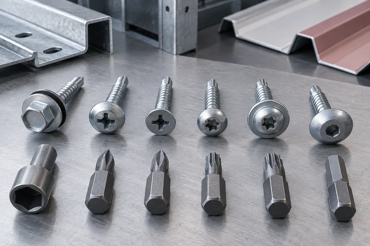 An orderly close-up array of different screw heads and matching drive bits on a neutral steel work surface.
