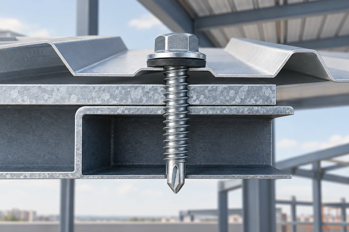 Sectional screw engagement through stacked steel layers, emphasizing overall length, clamping layers, and protruding threads.