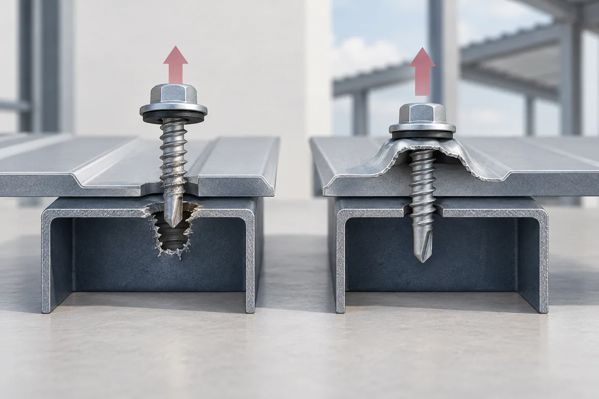 Two separate illustrative test coupons showing screw pullout and sheet pullover as different failure modes.