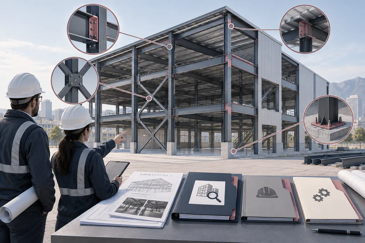 An existing steel building with candidate seismic-review locations and separate investigation/retrofit scope folders.