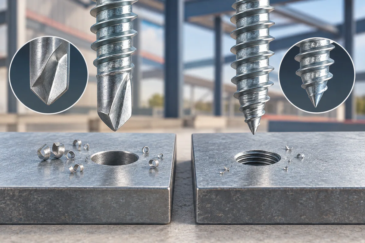 Macro view of a self-drilling screw tip and a self-tapping screw tip beside their different hole-preparation samples.