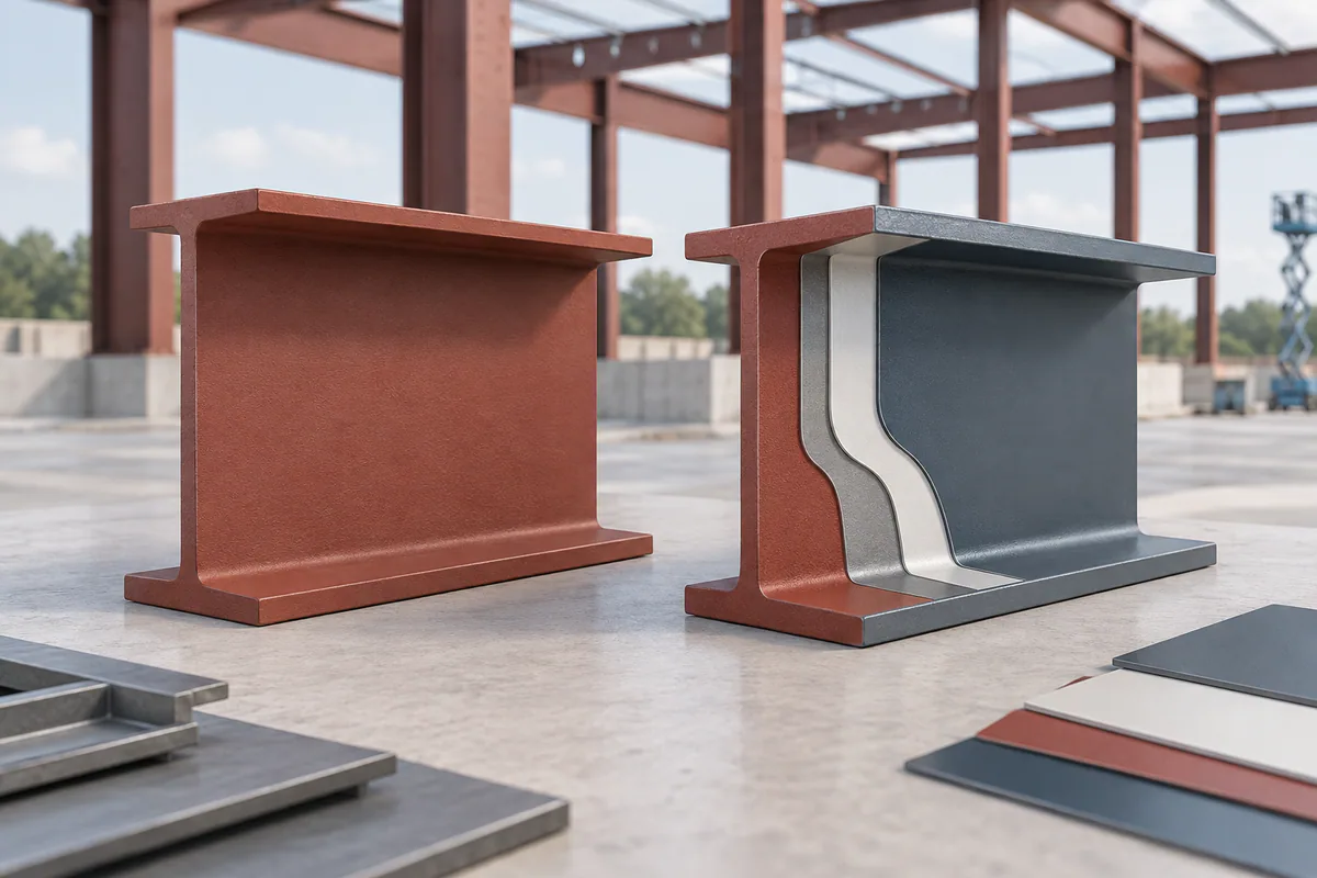 A red-oxide primer steel sample beside a separate complete finish-coating sample with substrate layers exposed.