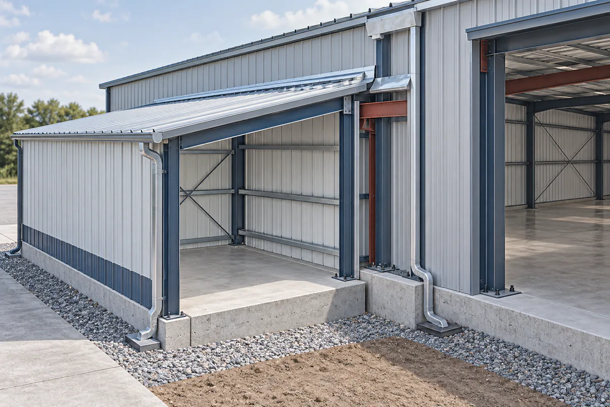 A lower sidewall addition beside an existing steel building with adjoining foundations and roof-water interfaces visible.