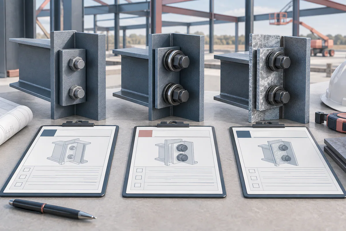 Three structural bolted-joint samples beside distinct blank procurement and inspection cards, without tightening instructions.