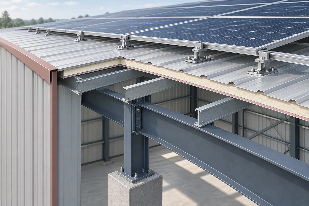 Solar modules above a metal roof with the complete conceptual support chain continuing down to steel framing.