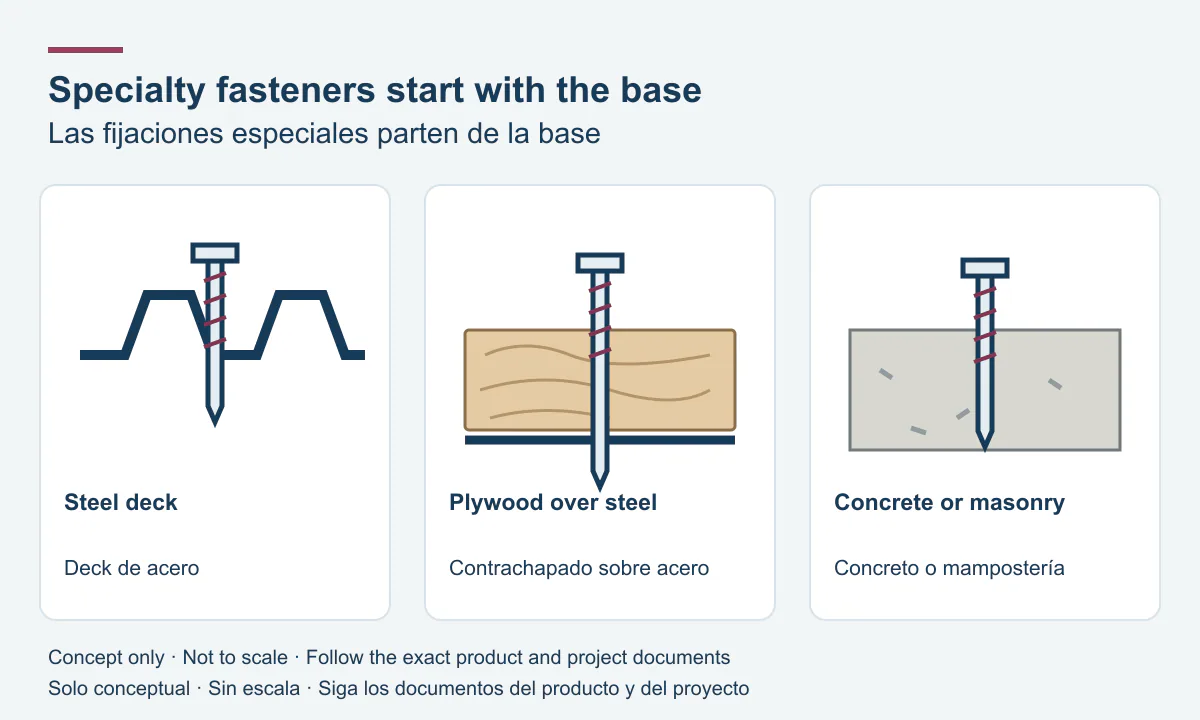 Specialty fasteners start with the base: steel deck, plywood over steel, concrete or masonry.