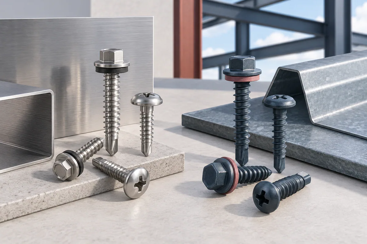 Stainless and coated steel screw samples under neutral light with distinct material surfaces and no ranking symbols.