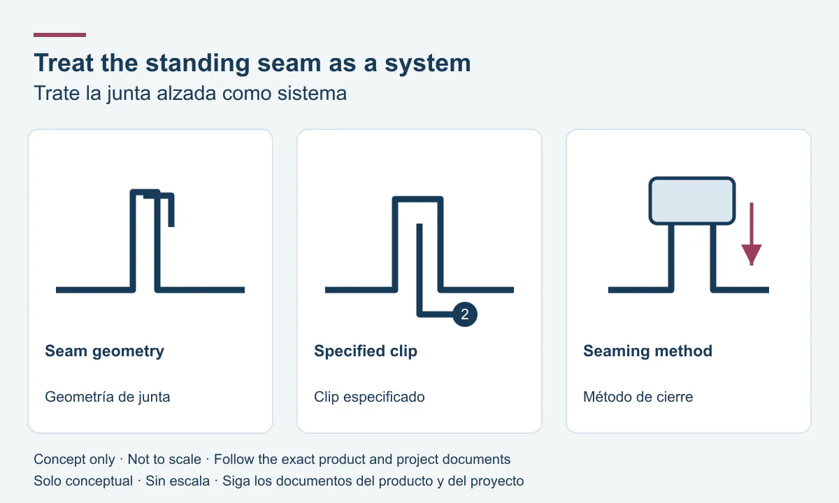 Treat the standing seam as a system: seam geometry, specified clip, seaming method.