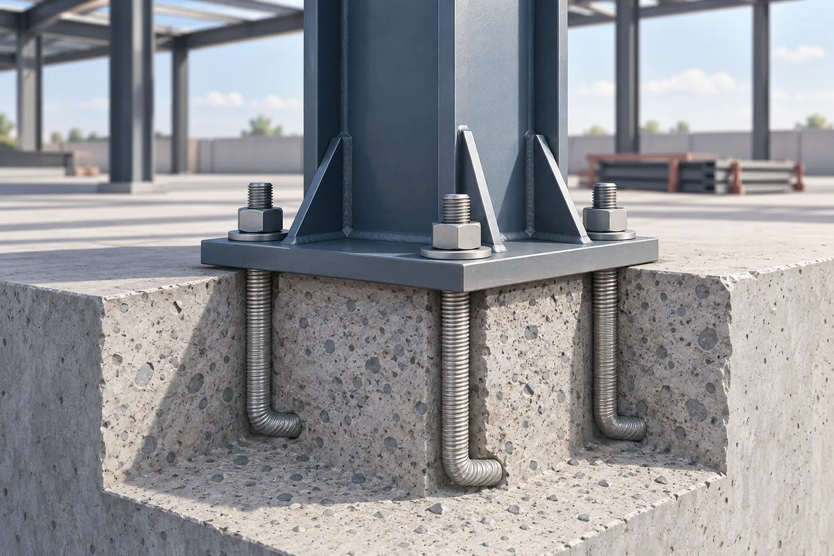 Steel column base plate, anchor rods, and receiving concrete displayed as a coordinated foundation interface.